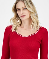 T Tahari Rhinestone Sweetheart-Neck Rib-Knit Sweater