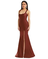 Cynthia & Sahar Women's Square Neck Stretch Satin Mermaid Dress with Slight Train