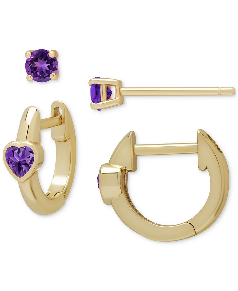 Amethyst (5/8 ct. t.w.) 2-Pc. Set Stud & Heart Hoop Earrings Set in 14K Gold over Sterling Silver