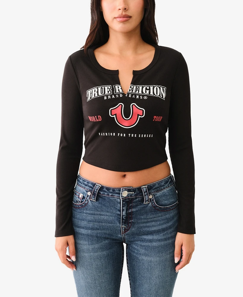 True Religion Women's Logo Rib V Notch Long Sleeve Top