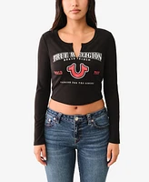 True Religion Women's Logo Rib V Notch Long Sleeve Top