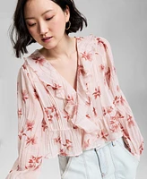 And Now This Petite Floral Print Ruffled Blouson-Sleeve Blouse, Exclusively at Macy's