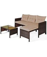 Gymax 3PCS Outdoor Rattan Furniture Set Patio Couch Sofa Set w/ Coffee Table