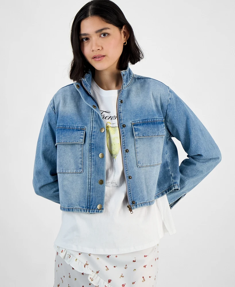 And Now This Women's Mock-Neck Cropped Denim Jacket, Exclusively at Macy's