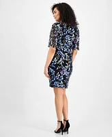 Connected Petite Floral-Print Faux-Wrap Dress