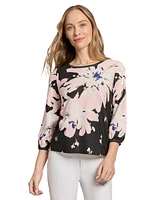 Jones New York Women's Pleat-Neck 3/4-Sleeve Floral-Print Top