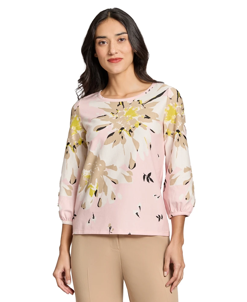 Jones New York Women's Pleat-Neck 3/4-Sleeve Floral-Print Top