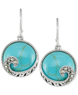 Marcasite Swirl & Synthetic Turquoise Drop Earrings in Sterling Silver