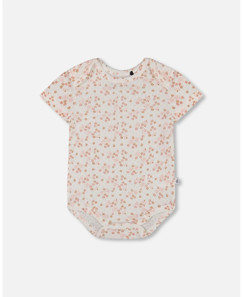 Deux par Baby Girls Organic Cotton Pointelle Onesie Printed White And Pink Flowers