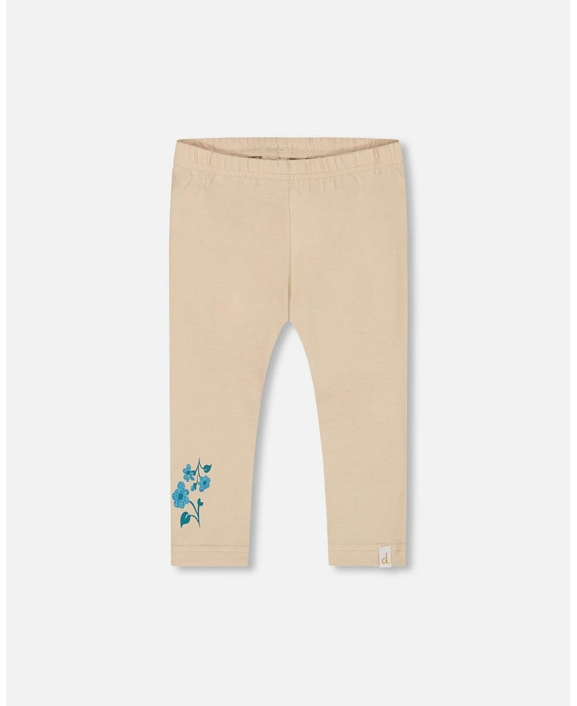 Deux par Baby Girls Organic Cotton Legging Beige With Blue Flowers