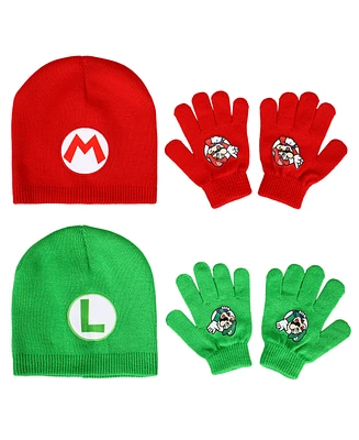 Super Mario Boys Brothers Mario & Luigi Youth 2-Pack Beanie And Glove Set