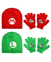 Super Mario Boys Brothers Mario & Luigi Youth 2-Pack Beanie And Glove Set