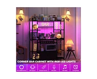 gaomon 55" 7-in-1 Versatile Baker's Rack with Rgb Led Lighting, 4 Ac Outlets & 2 Usb Ports, 10 Hooks, Wine Rack, Wire Basket, and Metal for Kitchen