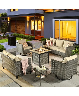 Xizzi Patio Furniture Set 6 Piece Outdoor Sectional Sofa with Rocking Swivel Chairs Square Fire Pit Table Loveseat All Weather Wicker Rattan Conve