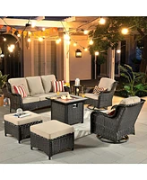 Xizzi Patio Furniture Sets Outdoor Swivel Rocking Chairs with 50,000 Btu Propane Fire Pit Table 7 Pieces All Weather Pe Wicker Conversation Sofa and M