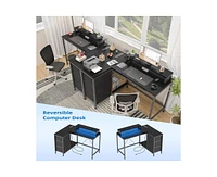 gaomon L Shaped Desk with Power Outlets & Led Lights, Computer Desk with Drawers & Shelves