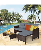 Gymax 3PCS Outdoor Rattan Furniture Set Patio Couch Sofa Set w/ Cushion