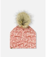 Deux par Deux Baby Girls Printed Jersey Detachable Pompom Hat Small White Flowers On Pale Pink