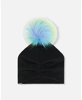 Deux par Girl Black Solid Jersey Detachable Multicolored Pompom Hat - Toddler|Child