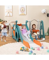 Kuyotq 5-in-1 Kids Slide and Swing Set with Mini Bus and Basketball Hoop