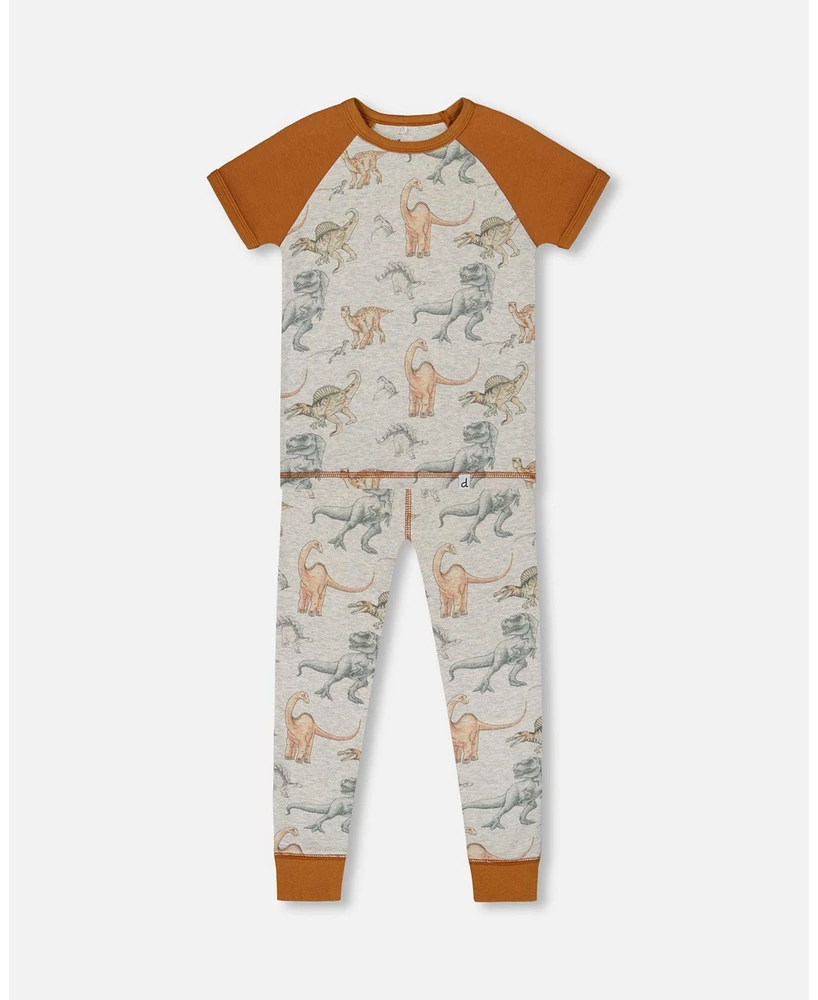 Deux par Toddler Boys Organic Cotton Two-Piece Short Sleeve Top And Pant Pajama Set Dinosaur On Mottled Tan Background - Toddler|Child