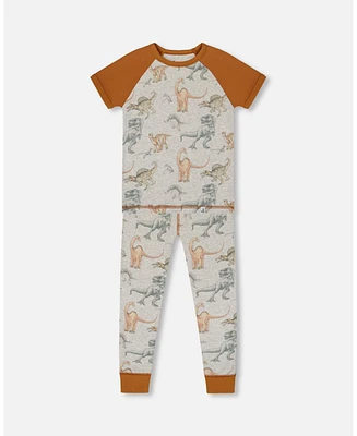 Boy Organic Cotton Two-Piece Short Sleeve Top And Pant Pajama Set Dinosaur On Mottled Tan Background - Toddler|Child