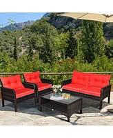 Gymax 4PCS Rattan Patio Conversation Set Red Cushioned Outdoor Furniture Set