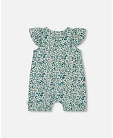 Deux par Baby Girls Printed Organic Cotton Romper With Frills Small Turquoise Flowers