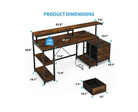 gaomon Computer Desk 63" With File Drawer, Gaming Desk With Led Light & Power Outlets, Home Office Desk With Printer Space