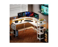 gaomon L Shaped Desk,61 Inch Computer Desk with Monitor Stand, 5 Tier Storage Shelves, L Shaped Computer Desk for Home Office with Led Lights and Powe