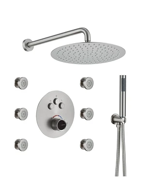 Luxury Shower System with Body Jets Balancing Valve Handheld Brass Rain Head, Matte Black