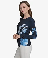 Halston Women's Printed Side-Knot Long-Sleeve Top