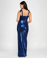 Pear Culture Juniors' Metallic-Foil Tie-Shoulder Gown, Created for Macy's