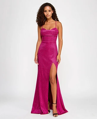 City Studios Juniors' Glitter Drape Front Lace-Up Back Gown