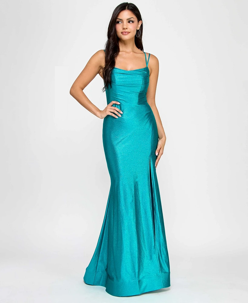 City Studios Juniors' Glitter Draped Lace-Up Gown, Created for Macy's