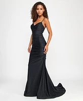 Say Yes Juniors' Studded Cowlneck Ruched Floor-Sweeping Gown, Created for Macy's