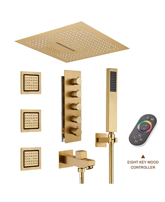 Boyel Living Brushed Gold 4-Way Shower System with Led and Music Player Faucet Set Handheld Side Body Jets