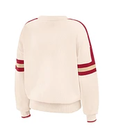 Wear by Erin Andrews Women's Cream Oklahoma Sooners Chenille Woven Patch Stripe Pullover Sweater