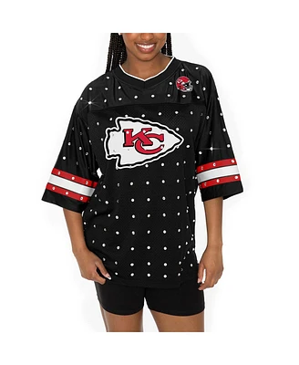 Gameday Couture Women's Black Kansas City Chiefs Kickoff Time Allover Rhinestone Sports Stripe Jersey V-Neck T-Shirt