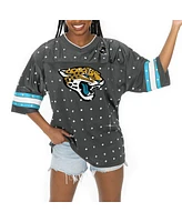 Gameday Couture Women's Anthracite Jacksonville Jaguars Kickoff Time Allover Rhinestone Sports Stripe Jersey V-Neck T-Shirt