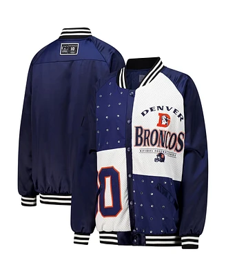 Gameday Couture Women's Navy/White Denver Broncos Oversized Hot Shot Rhinestone Throwback Full-Snap Varsity Bomber Jacket