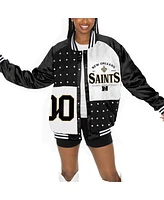 Gameday Couture Women's Black/White New Orleans Saints Oversized Hot Shot Rhinestone Throwback Full-Snap Varsity Bomber Jacket