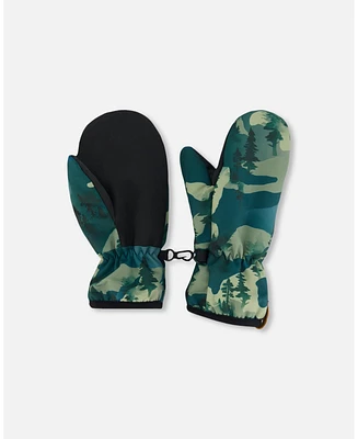 Deux par Boy Printed Mid-Season Mittens Forest Green With Black Pines - Toddler|Child