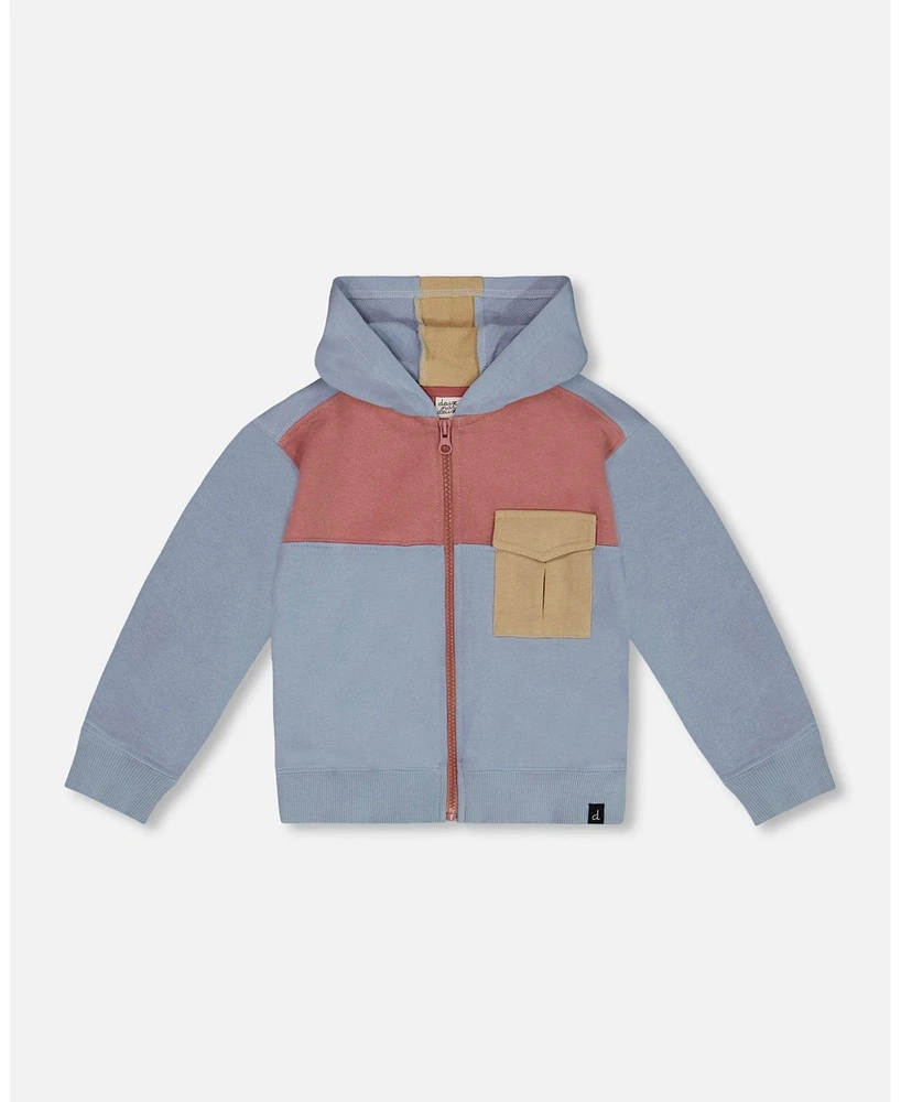 Deux par Toddler Boys French Terry Full Zip Hoodie Sweatshirt Pale Blue And Dark Old Rose - Toddler|Child