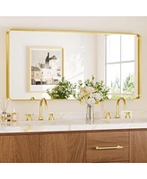 Keonjinn 42x20 Inch Brushed Gold Bathroom Vanity Mirror Tempered Glass Metal Framed