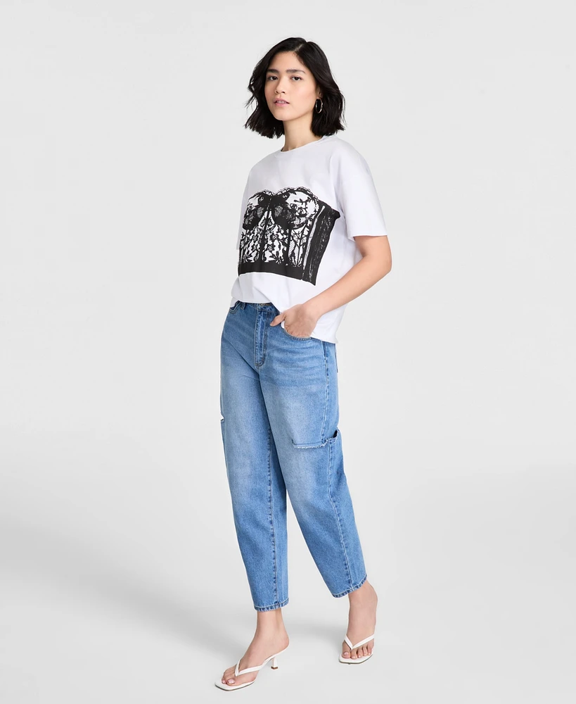 Bar Iii Women's Cotton Cut-Out Slash Barrel-Leg Denim Pants, Exclusively at Macy's