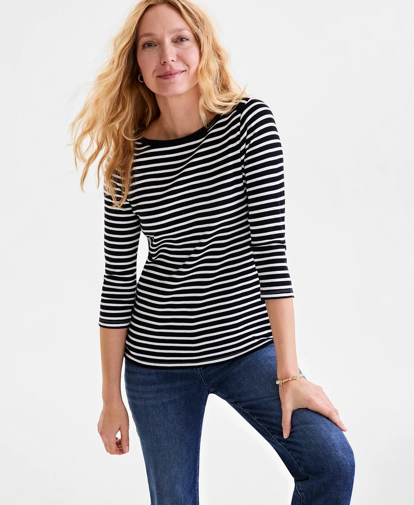 Style & Co Petite Cotton Striped Boat-Neck 3/4-Sleeve Top, Exclusively at Macy's