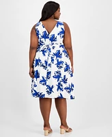 Anne Klein Plus Floral-Print Linen-Blend Fit & Flare Dress