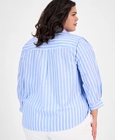 Anne Klein Plus Cotton Striped 3/4-Sleeve Shirt