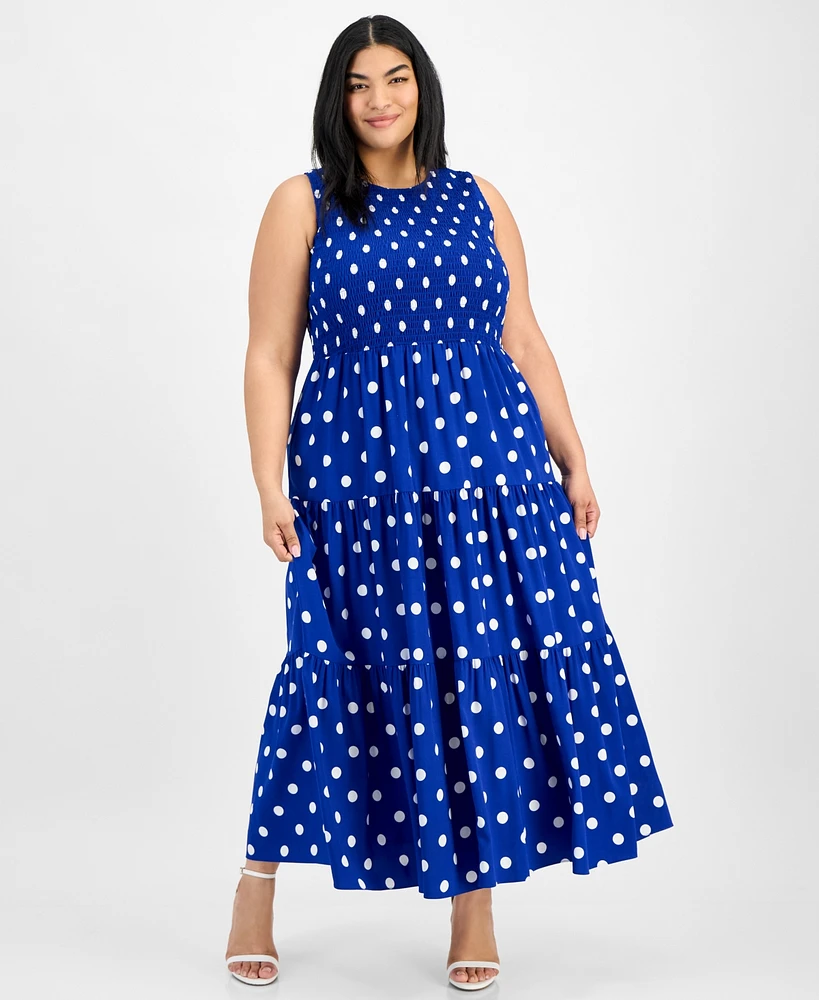 Anne Klein Plus Smocked-Bodice Tiered Dress